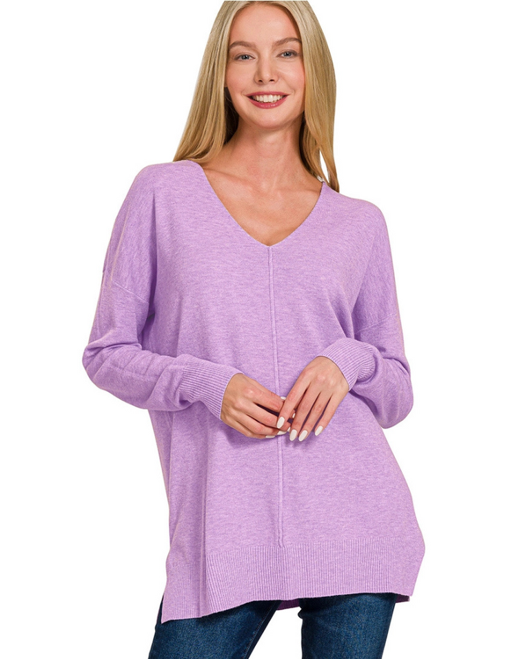 V Neck Front Seam Sweater (Lavender)